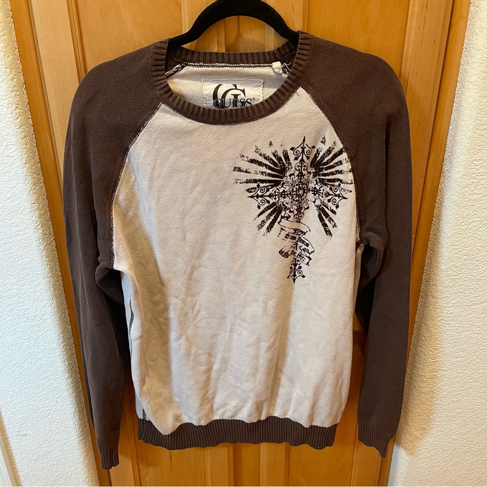 Guess Raglan Knit Sweater Brown Cream Graphic Long Sleeve Vtg Size Large